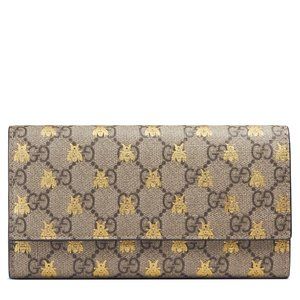 Gucci Gg Supreme Bees Flap Long Wallet in Beige